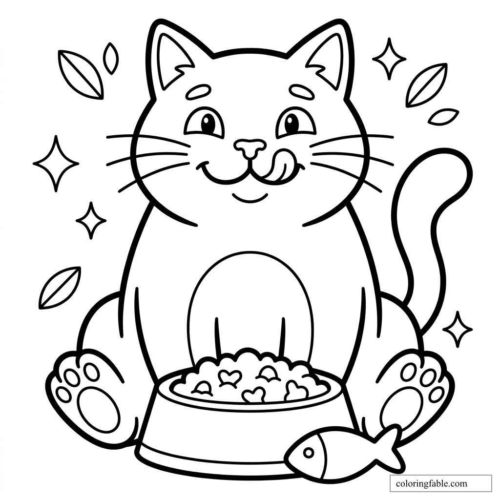 Bold easy cat coloring page with a smiling cat, food bowl, fish, leaves, and sparkles.