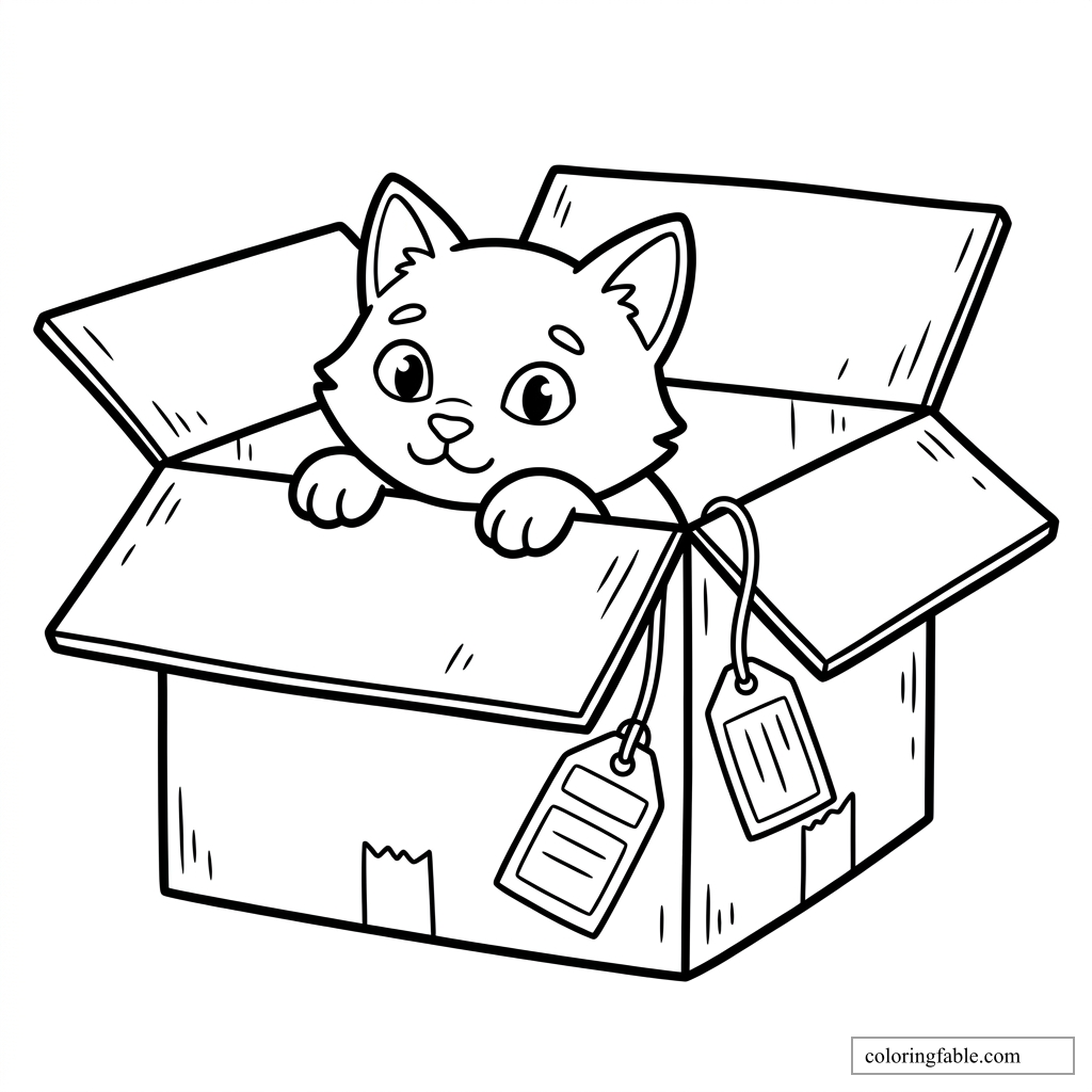 Cartoon kitten peeking from an open cardboard box with dangling tags