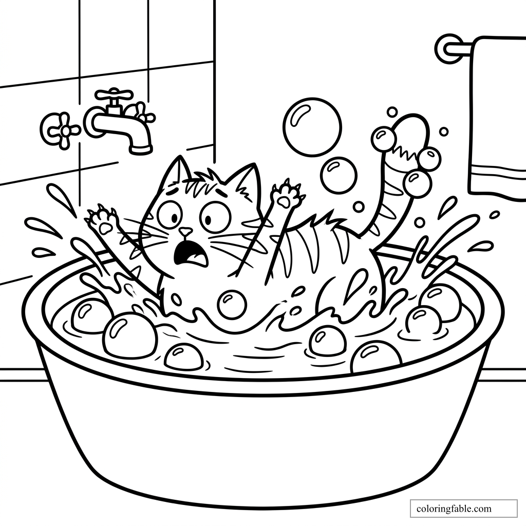 Bold easy coloring page of a startled cat splashing in a bathtub with bubbles, faucet, tiles, and towel.