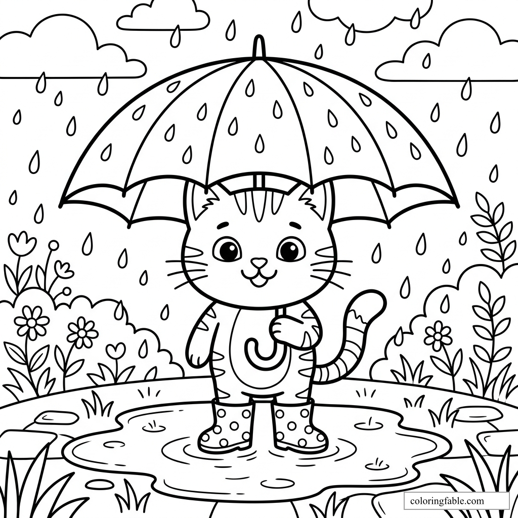 Cartoon kitten in rain boots holding an umbrella in a puddle with clouds, raindrops, flowers, and plants.