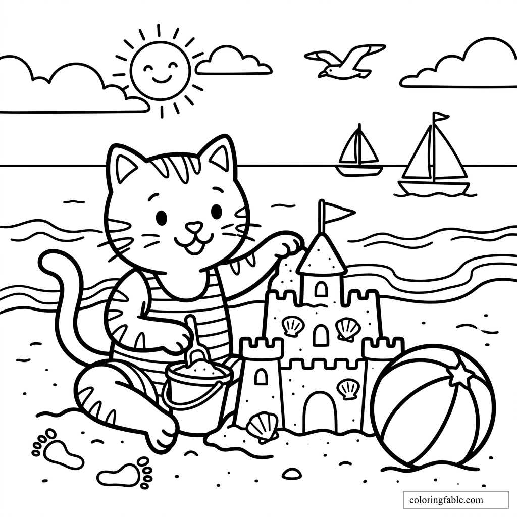 Easy coloring page of a cat making a sandcastle with pail, beach ball, sailboats, sun, and clouds.