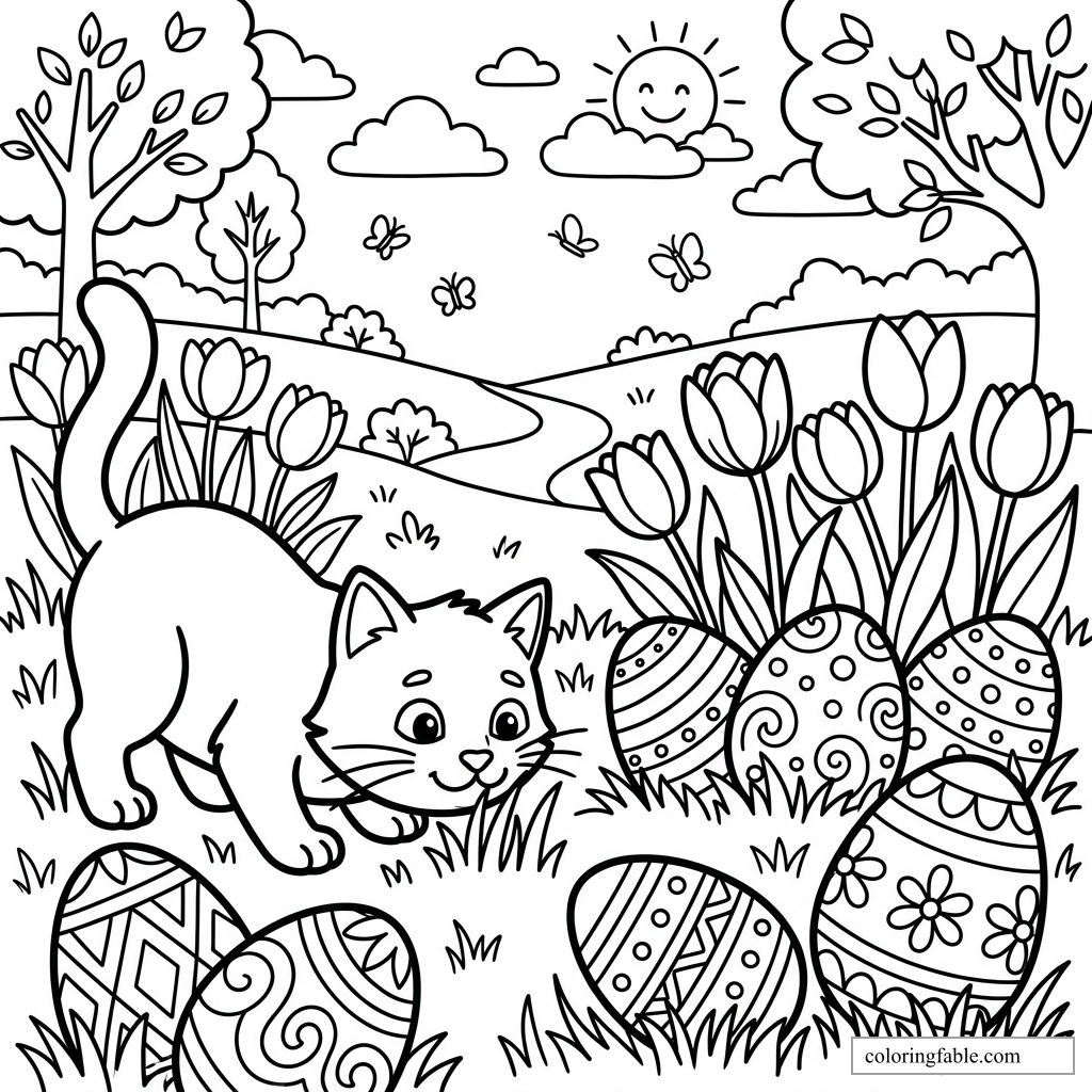 Cute cat sniffing grass among patterned Easter eggs, tulips, butterflies, trees, clouds, and a smiling sun.