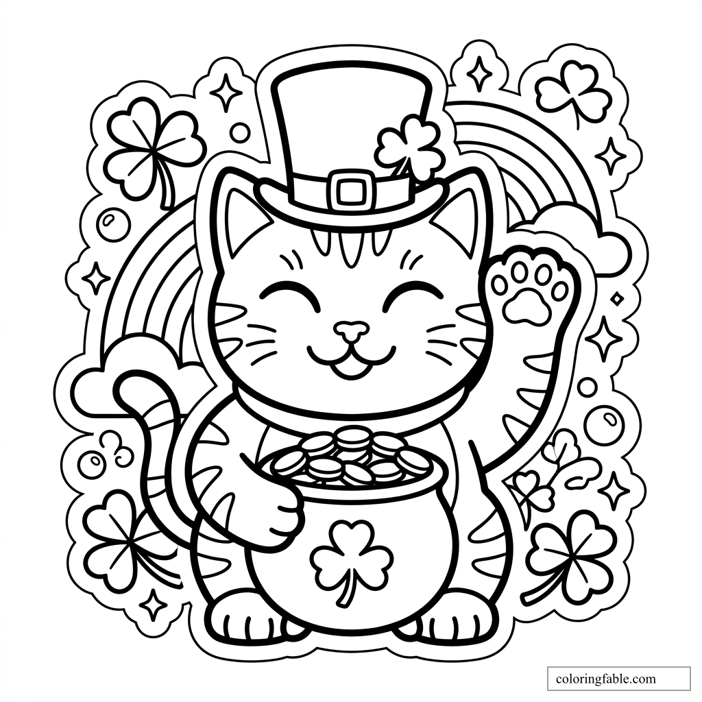 Smiling cat in leprechaun hat holding a pot of gold, with shamrocks, rainbow, and raised paw.