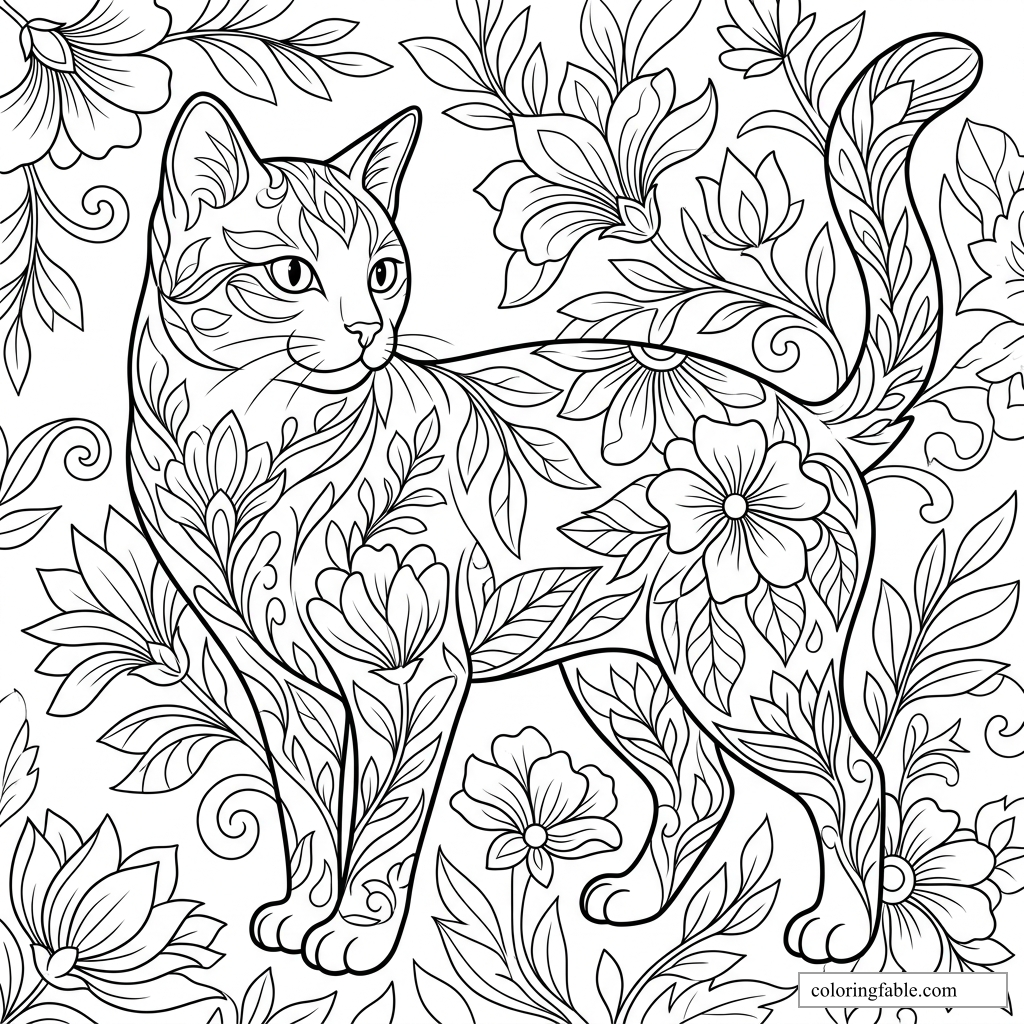 Floral cat coloring page with leafy patterns, raised tail, large flowers, and garden vines.