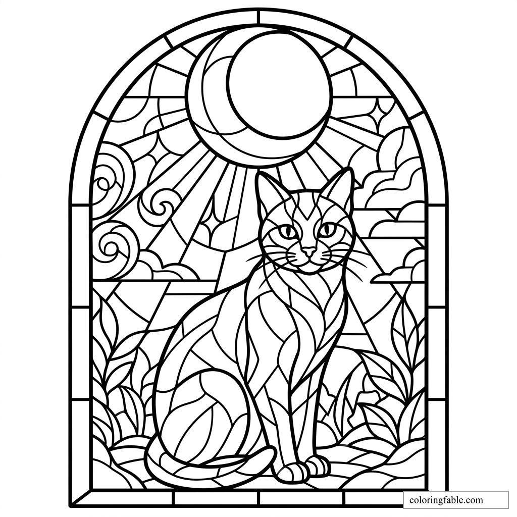 Stained-glass style cat sitting under a crescent moon with sun rays, clouds, swirls, leaves, and arched border.