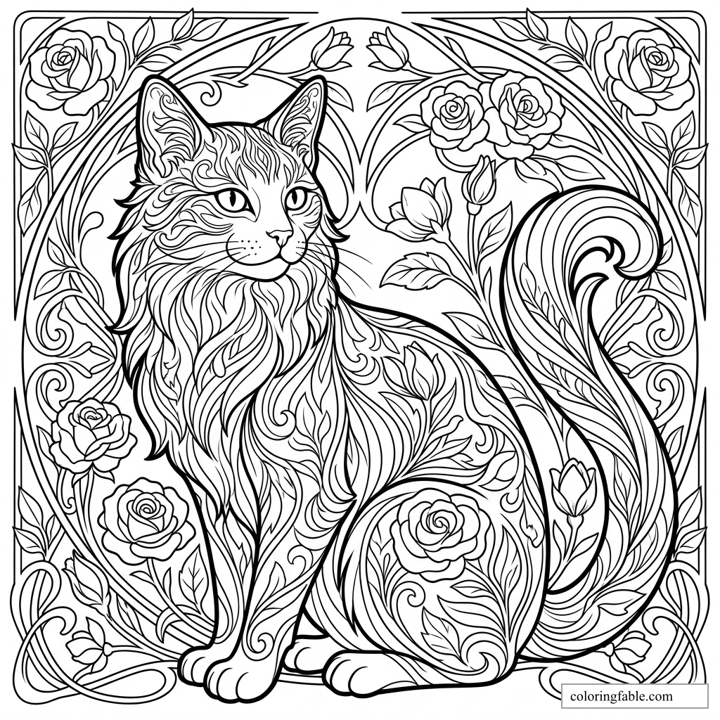Art nouveau cat with flowing fur, curled tail, roses, leaves, and ornate border to color