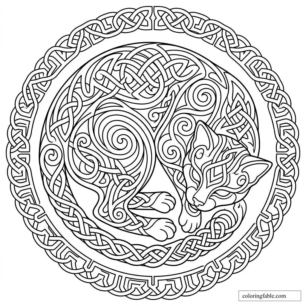 Celtic cat curled asleep inside a circular knotwork border with spirals and woven patterns
