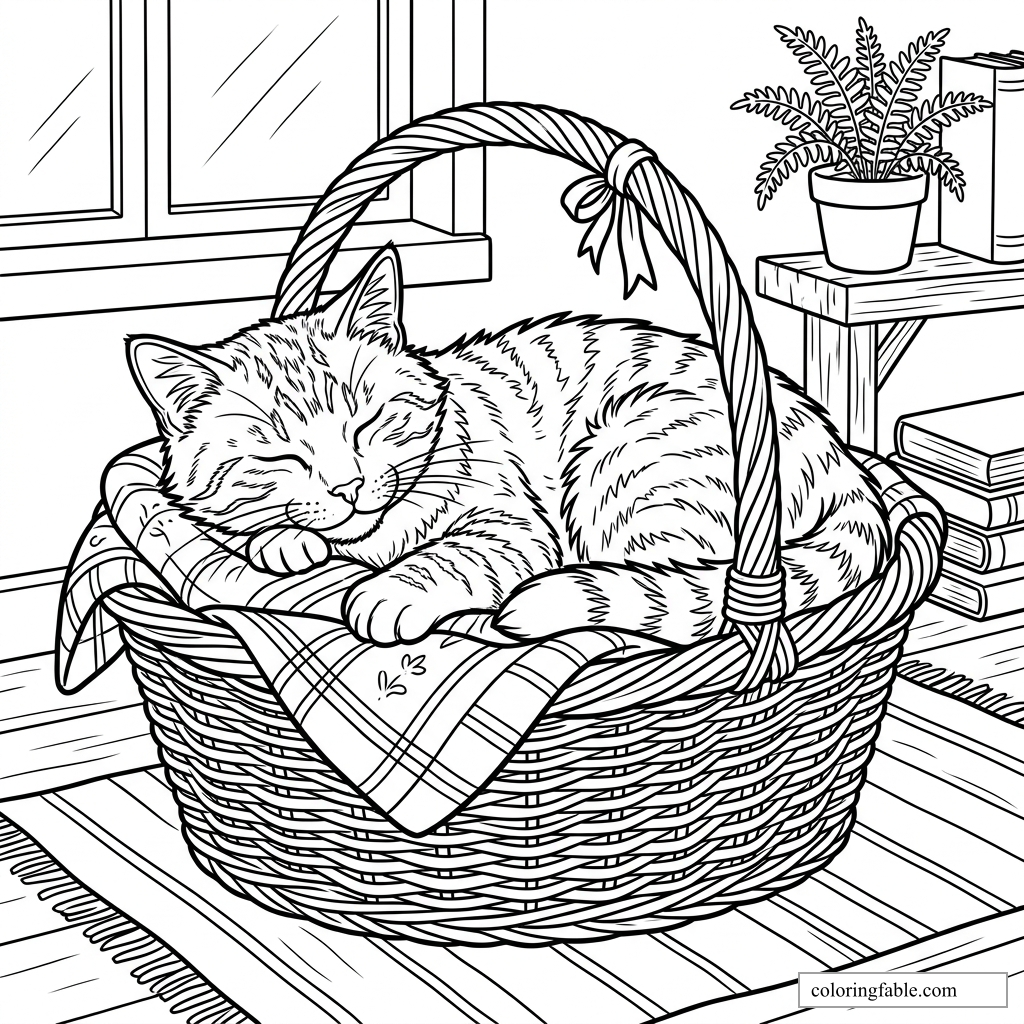 Sleeping tabby cat curled in a wicker basket by a window, with blanket, plant, and books.