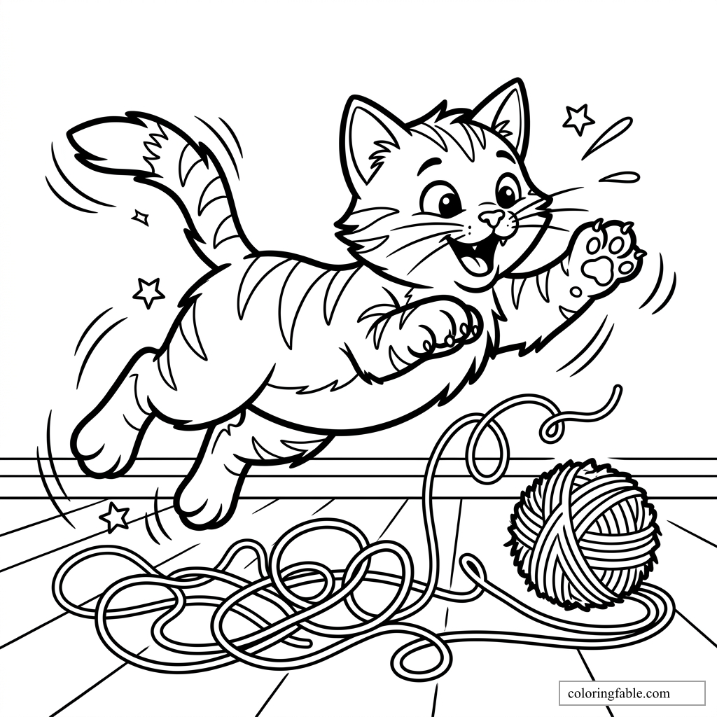 Cartoon kitten leaping over a tangled ball of yarn with stars and motion lines.