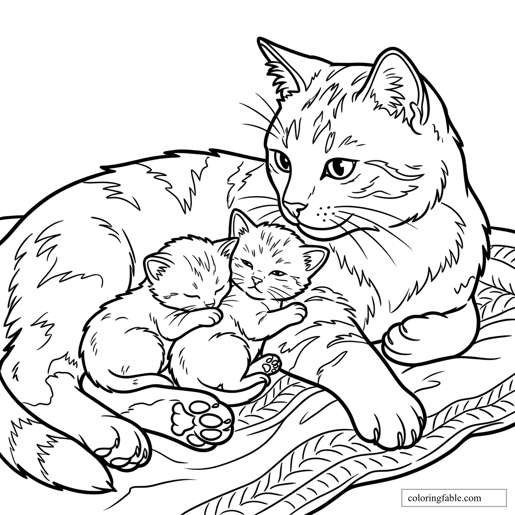 Mother cat curled around two sleepy kittens on a patterned blanket coloring page