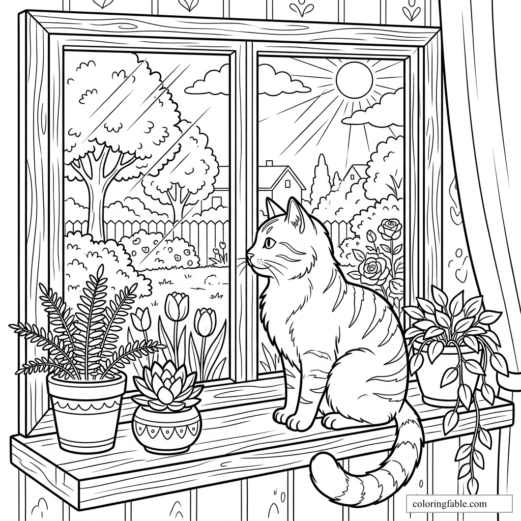 Cat sitting on a window shelf with potted plants, roses, trees, houses, clouds, and bright sun outside.