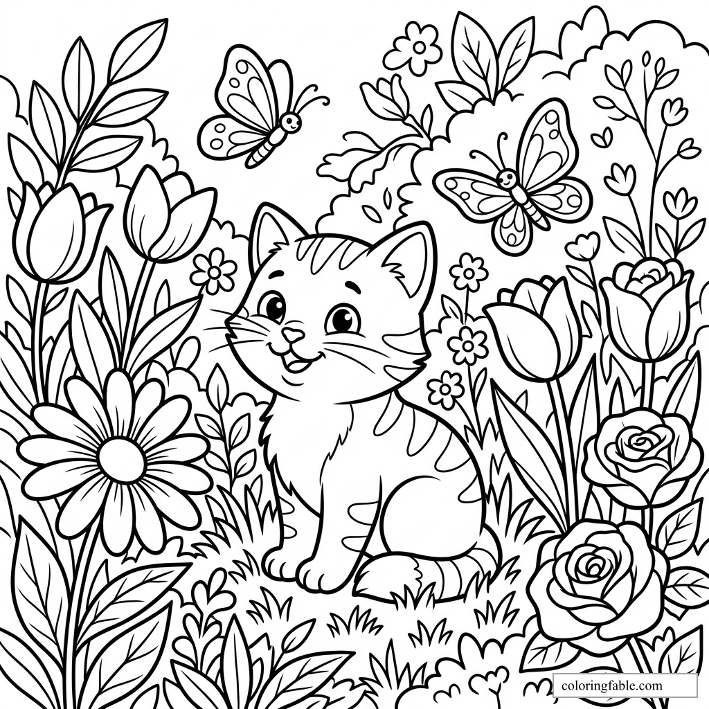 Cartoon kitten sitting among tulips, daisies, roses, leaves, and butterflies in a garden coloring page.