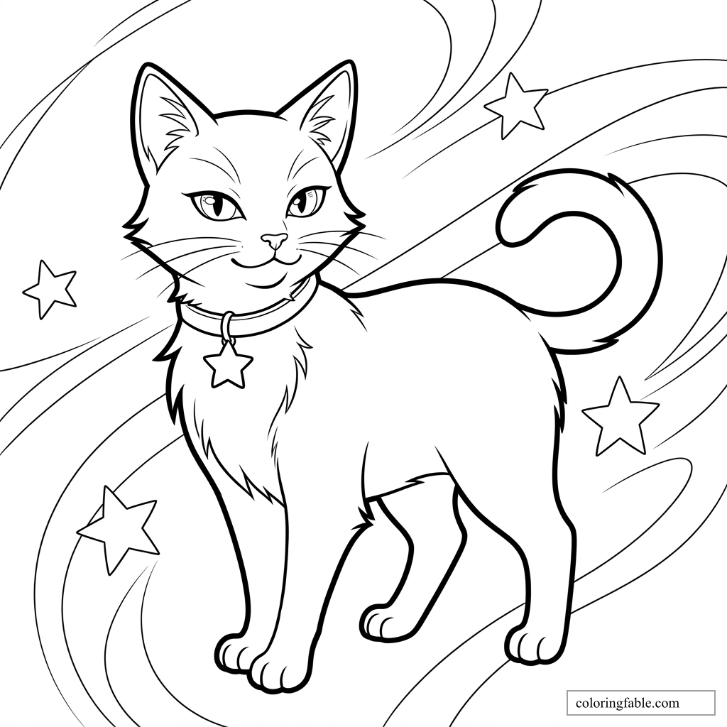 Manga cat with a star pendant, curled tail, and swirling stars in the background