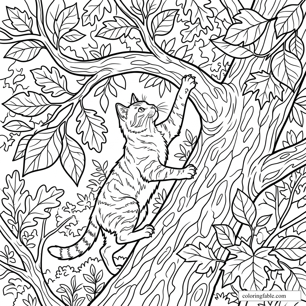 Coloring page of a striped cat climbing a tree trunk among leafy branches and vines