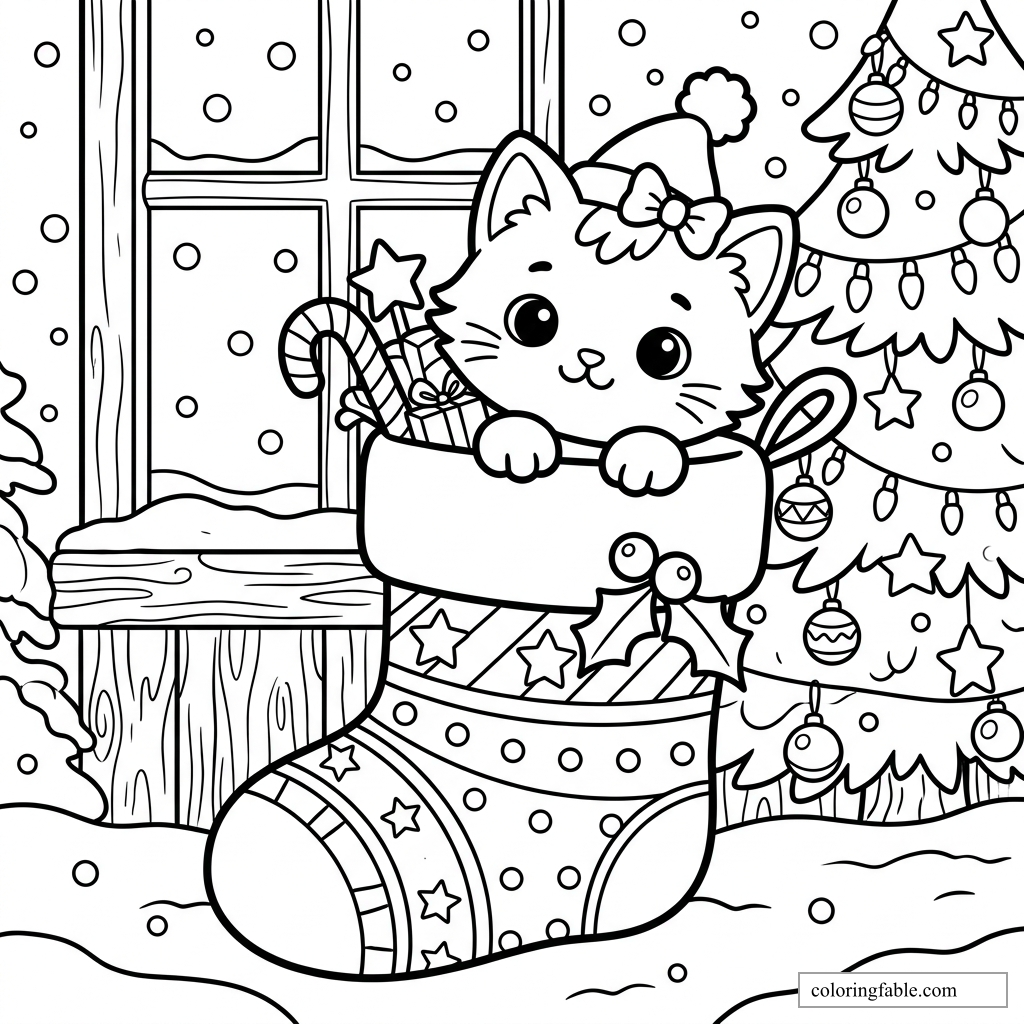 Kawaii kitten in a Santa hat peeking from a decorated Christmas stocking by a tree and snowy window.