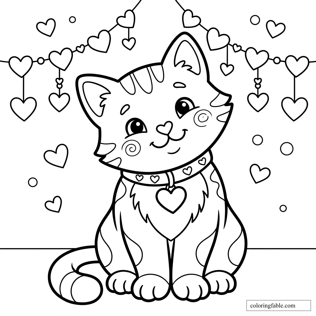 Cartoon cat with heart collar and pendant under hanging heart garlands coloring page