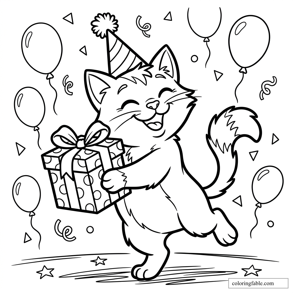 Cartoon cat in a party hat holding a wrapped gift, surrounded by balloons, confetti, and stars.