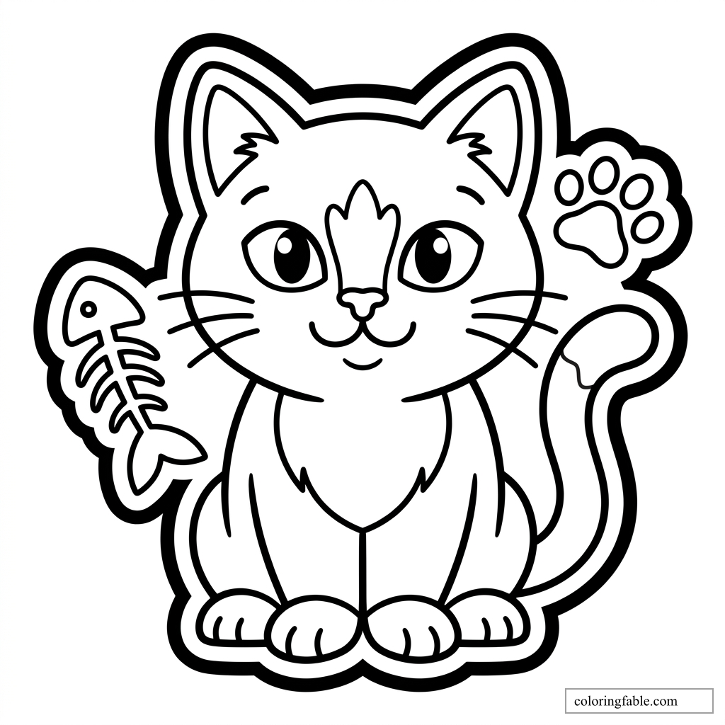 Sticker-style cat sitting with a fish skeleton, raised paw print, curled tail, and big bright eyes.