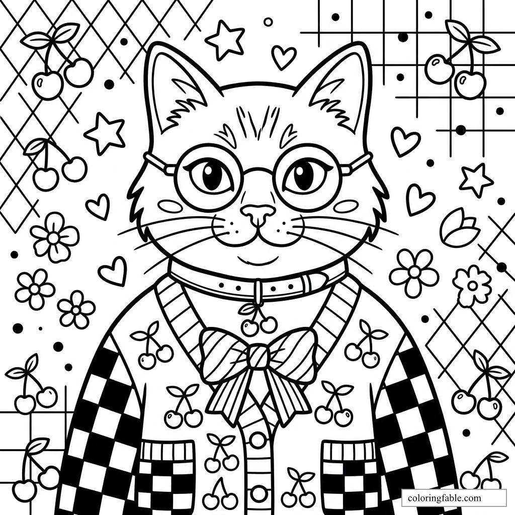 Preppy cat coloring page with round glasses, bow tie, cherry cardigan, hearts, stars, and flowers.