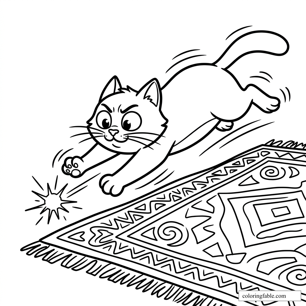 Cartoon cat pouncing toward a spark beside a patterned rug with motion lines