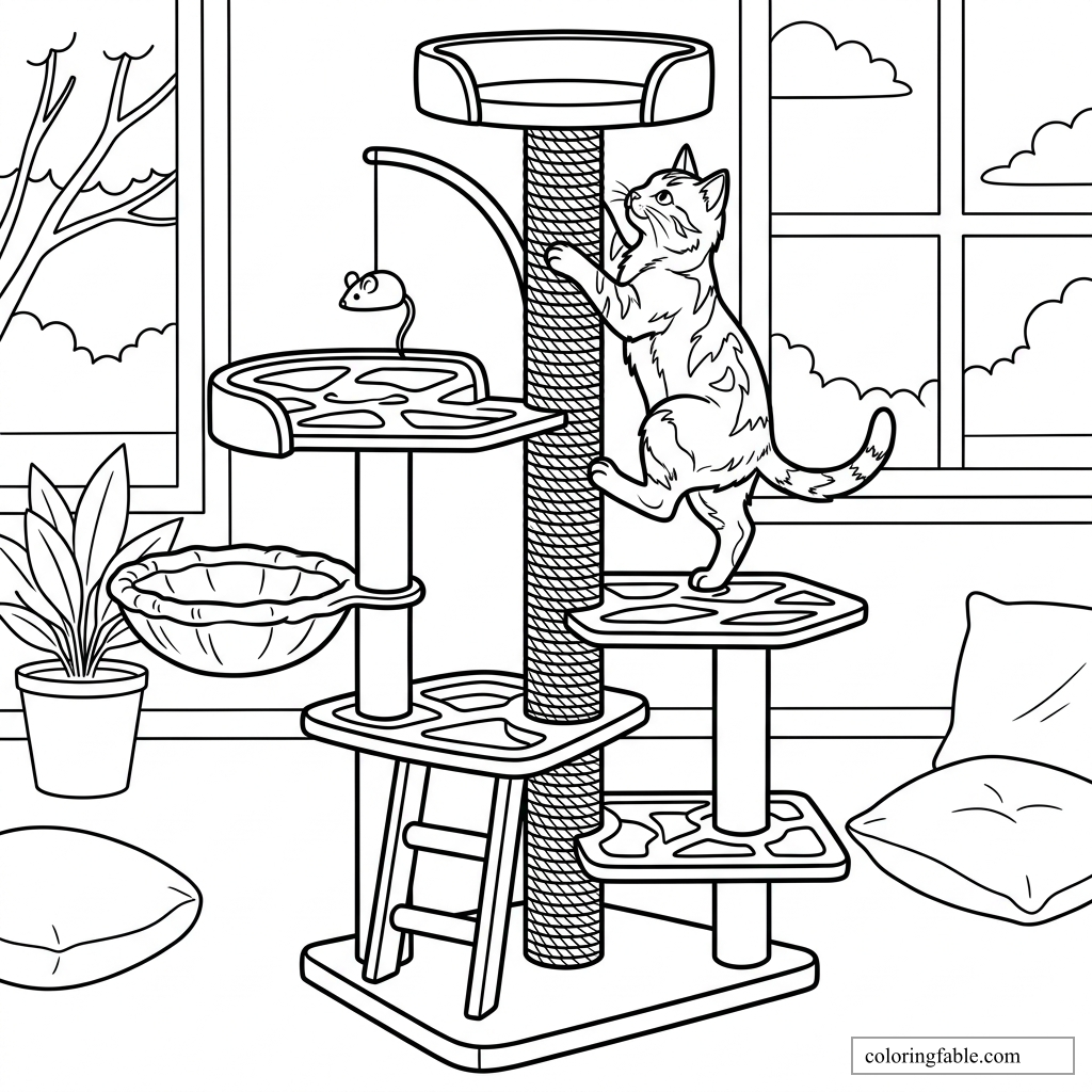 Cat climbing a tall cat tree with platforms, mouse toy, plant, pillows, and window clouds.