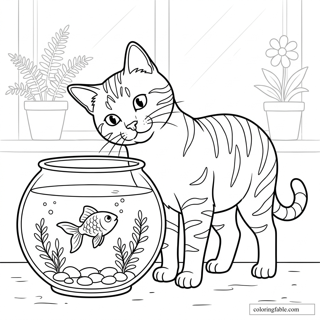 Curious striped cat peeking into a round fishbowl with a goldfish, plants, and window pots.