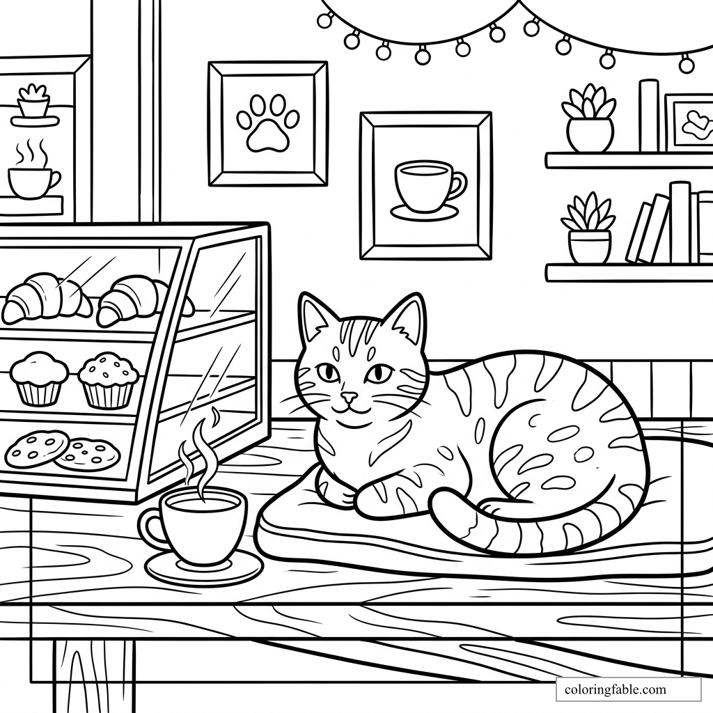 Striped cat resting on a café counter beside a steaming cup and pastry display case.