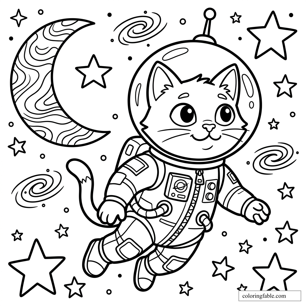 Cartoon astronaut cat in a space suit floating among stars, galaxies, and a patterned crescent moon.
