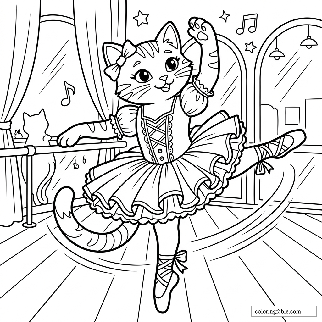 Cartoon ballerina cat in a tutu lifting one leg at a barre in a dance studio with music notes.