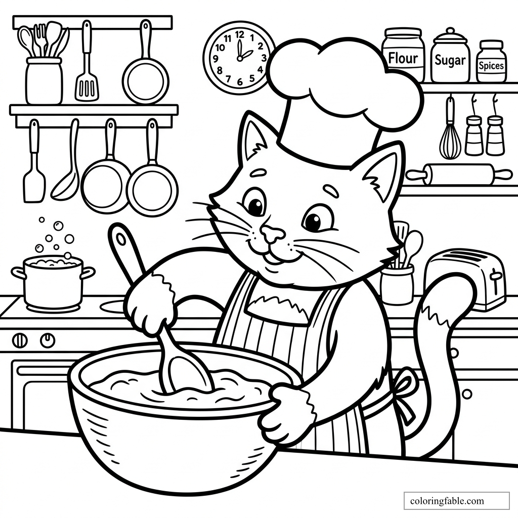 Cartoon chef cat stirring batter in a kitchen with flour, sugar, pots, utensils, and a clock.