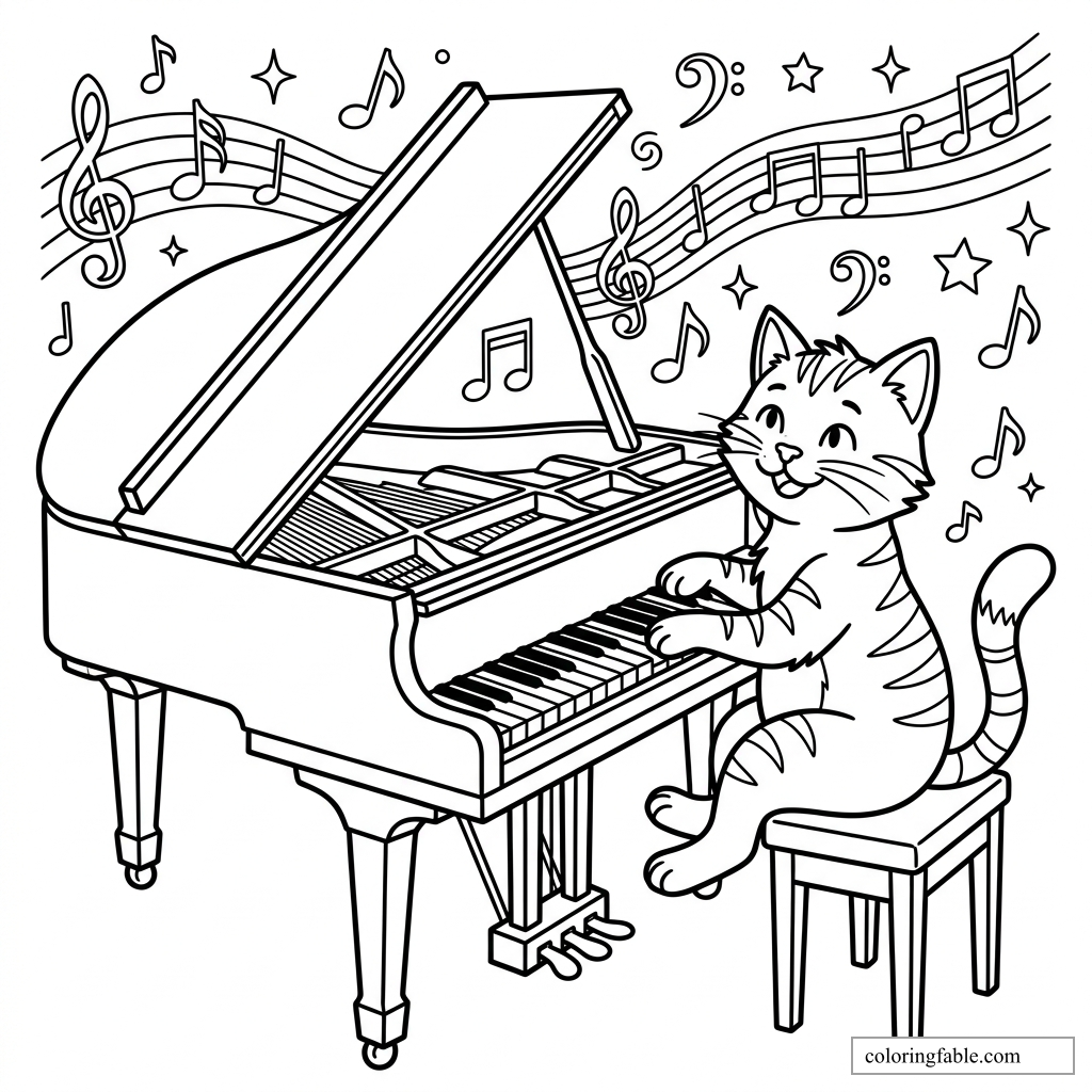 Smiling cat playing a grand piano with music notes, stars, and treble clefs in the background.