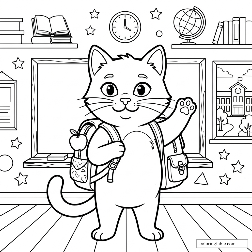 Smiling cat with backpack waves in a classroom with books, clock, globe, chalkboard, and school window.