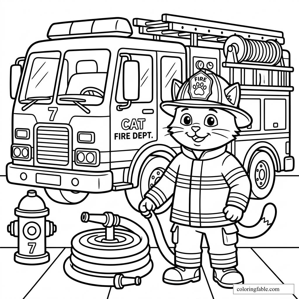 Cartoon firefighter cat beside a Cat Fire Dept. truck, hydrant number 7, coiled hose, ladder, and reel.