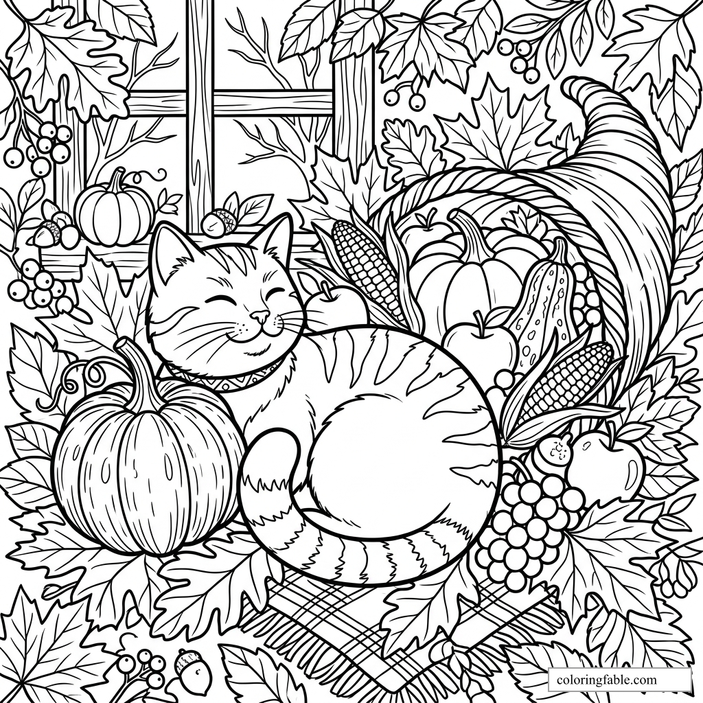 Smiling cat curled among pumpkins, corn, grapes, apples, leaves, and a cornucopia by a window.