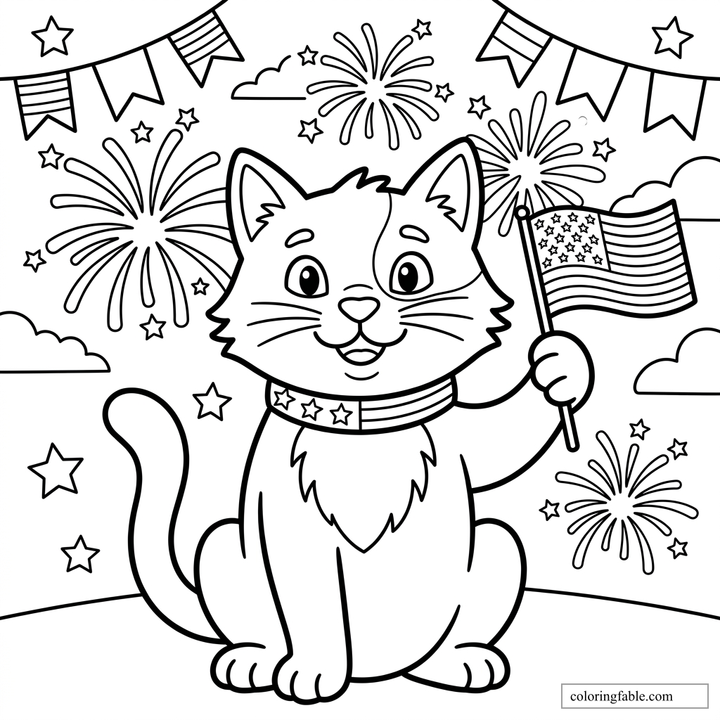 Cartoon cat holding an American flag under fireworks, stars, clouds, and patriotic bunting.