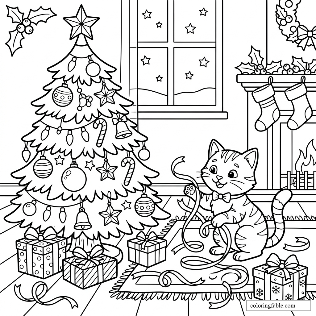 Cartoon kitten playing with ribbon beside a decorated Christmas tree, gifts, stockings, and fireplace.