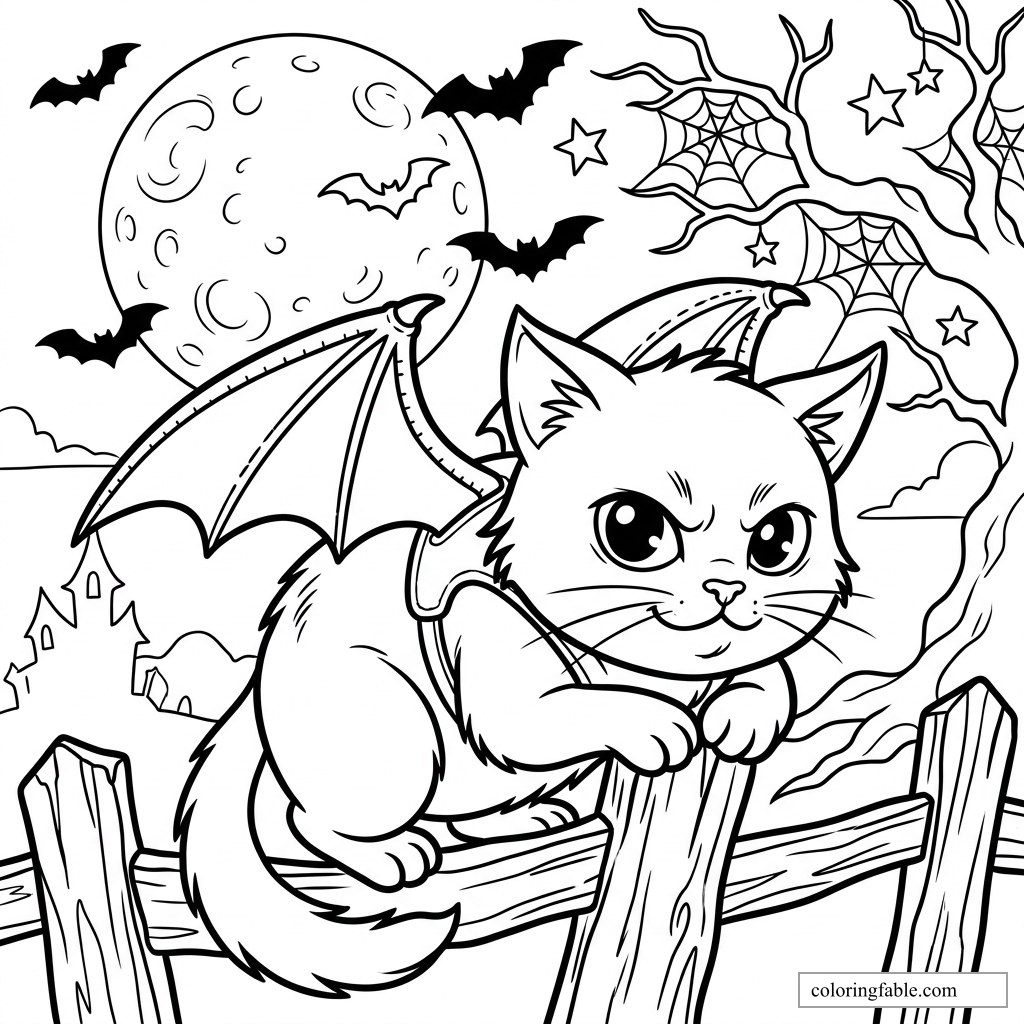 Manga cat with bat wings perched on a fence under a full moon, bats, spiderwebs, and stars.