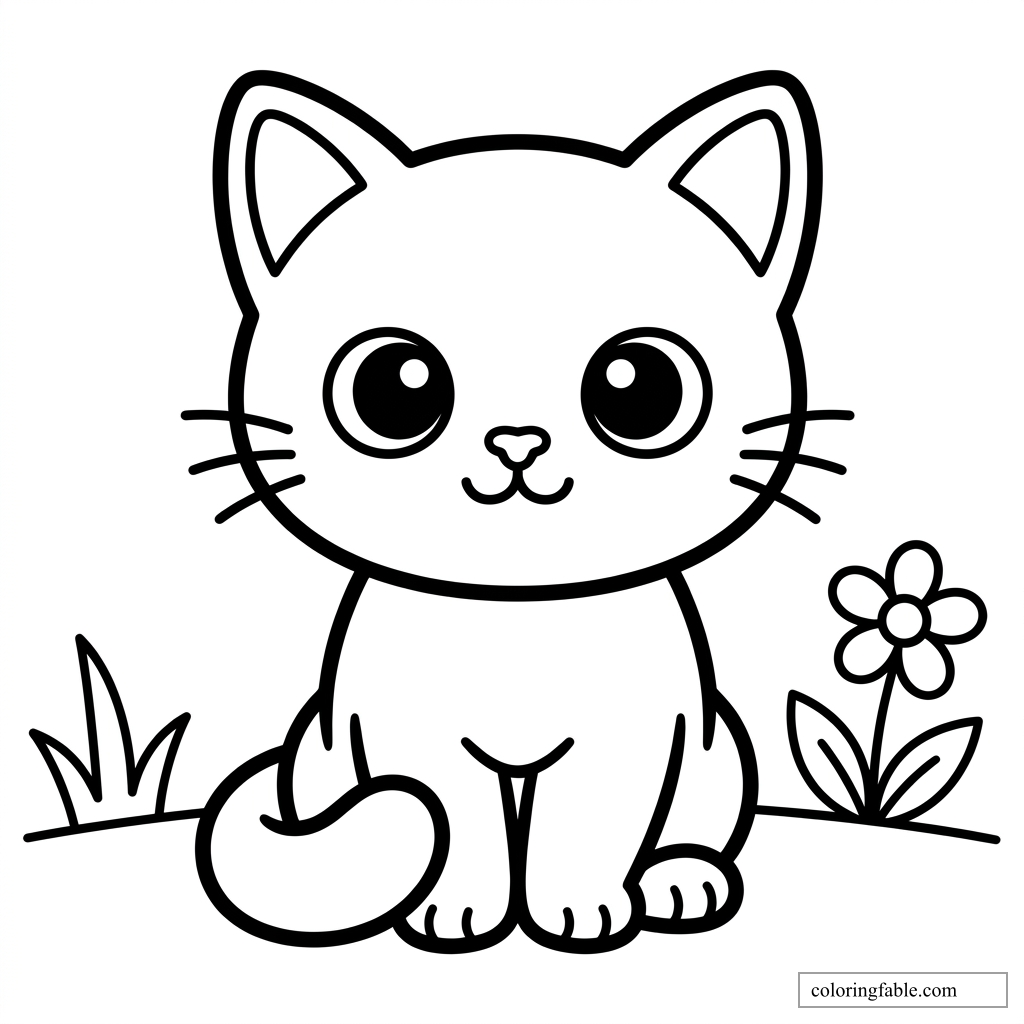Bold easy cat coloring page with a big-eyed kitten sitting beside grass and a daisy.