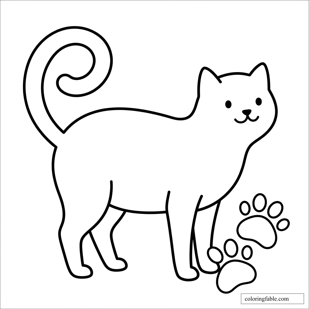 Minimalist cat coloring page with a curled tail, smiling face, and large paw prints.