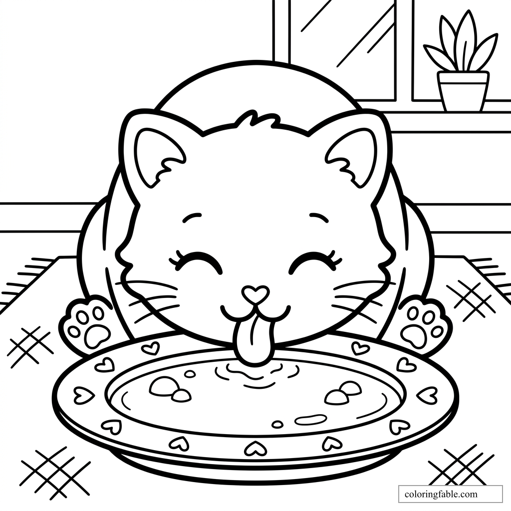 Kawaii cat lapping soup from a heart-trimmed plate by a window with a potted plant.