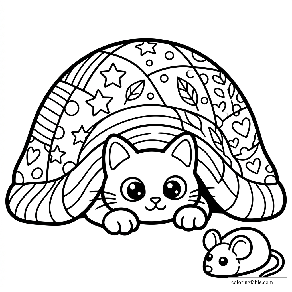 Cute kitten peeking from under a patterned blanket beside a tiny mouse coloring page