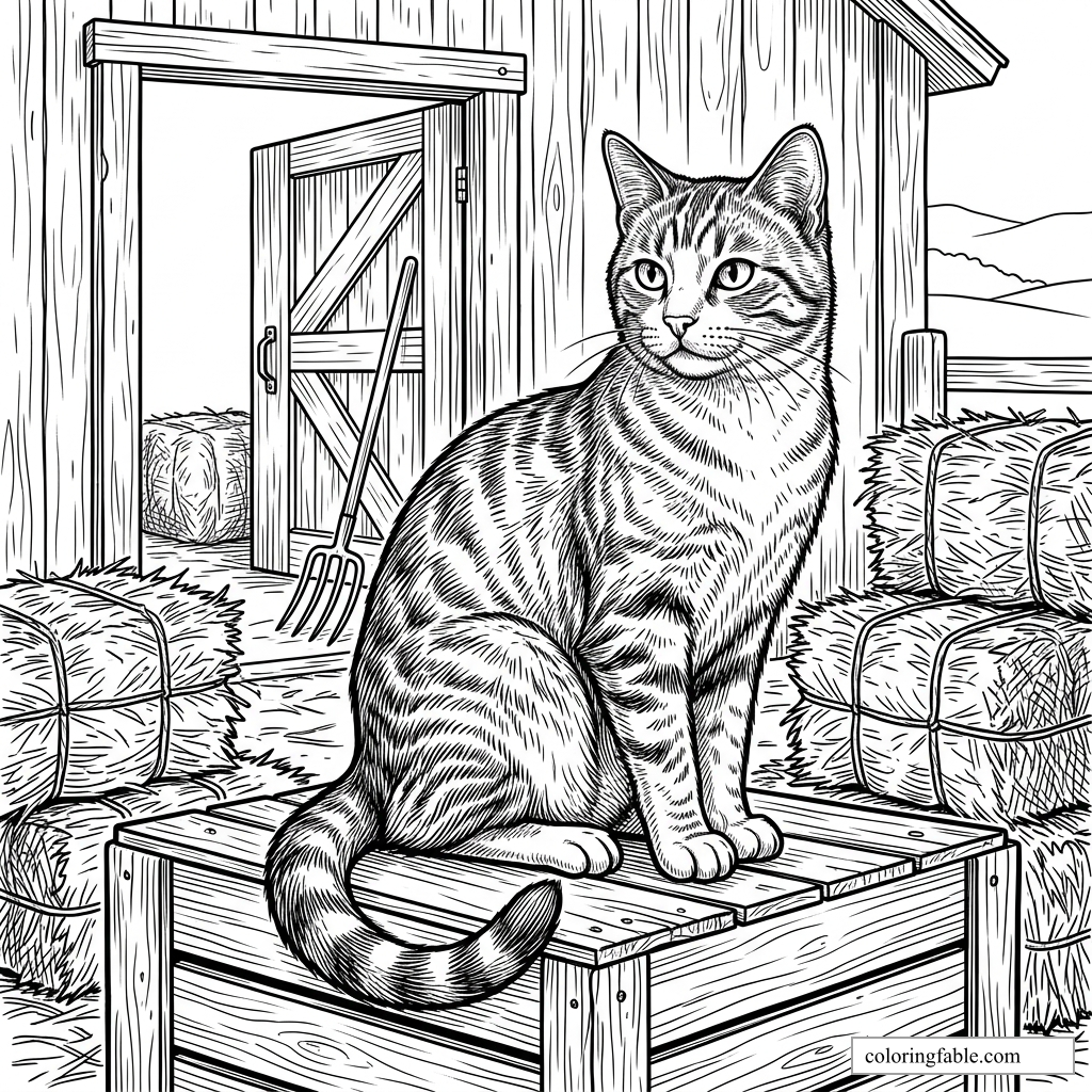 Engraving-style tabby cat sitting on a wooden crate by hay bales and an open barn door.