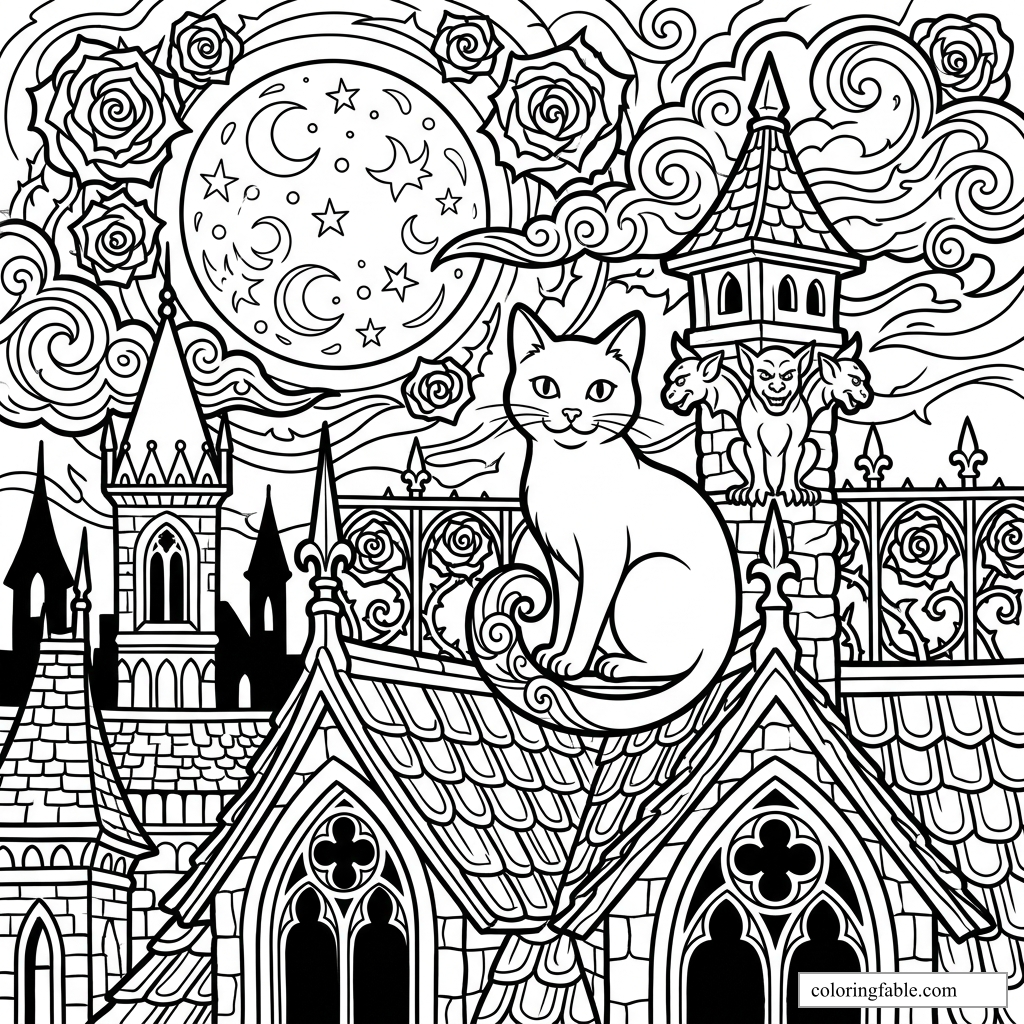 Gothic cat sitting on a castle roof under a moon with roses, gargoyles, towers, and swirling clouds.