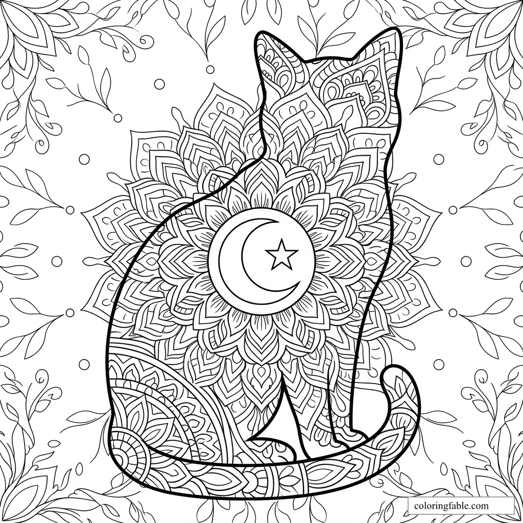 Mandala cat coloring page with a crescent moon, star, floral patterns, curled tail, and leafy border.