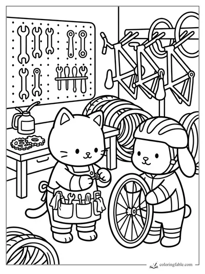 Cat mechanic and bunny hold a bike wheel in a cozy workshop with pegboard tools, tires, frames, and oil can.