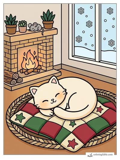 Cat Napping by the Fireplace Window — colored example