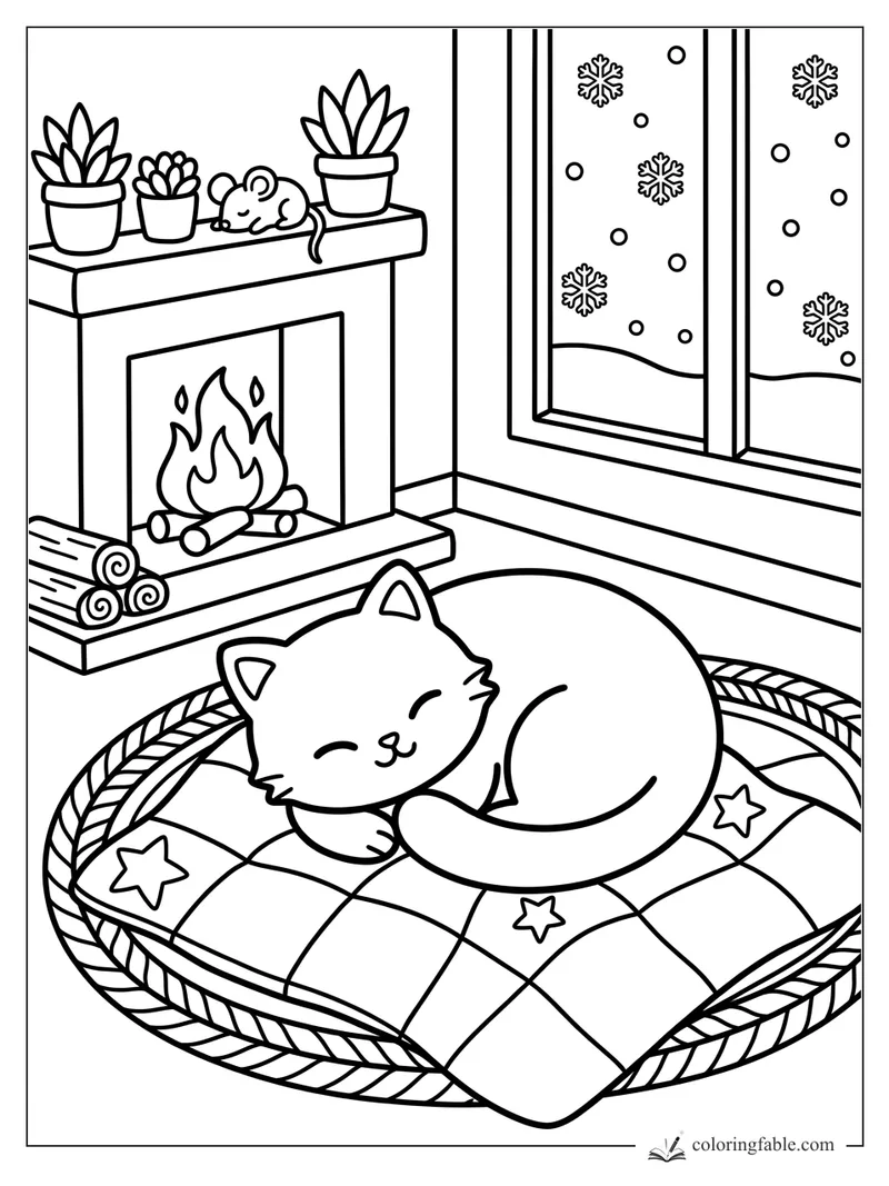 Cozy cat sleeping on a star quilt by a fireplace, plants, mouse, and snowy window
