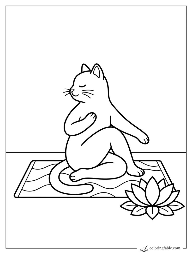 Minimalist cat doing a seated yoga pose on a wavy mat beside a lotus flower