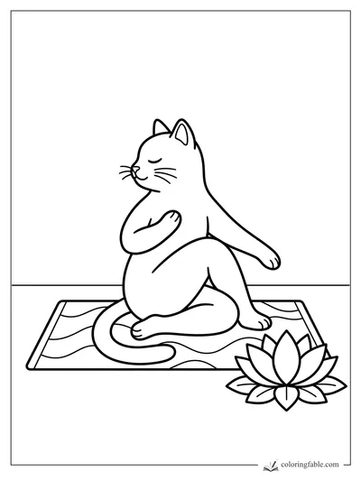 Minimalist cat doing a seated yoga pose on a wavy mat beside a lotus flower