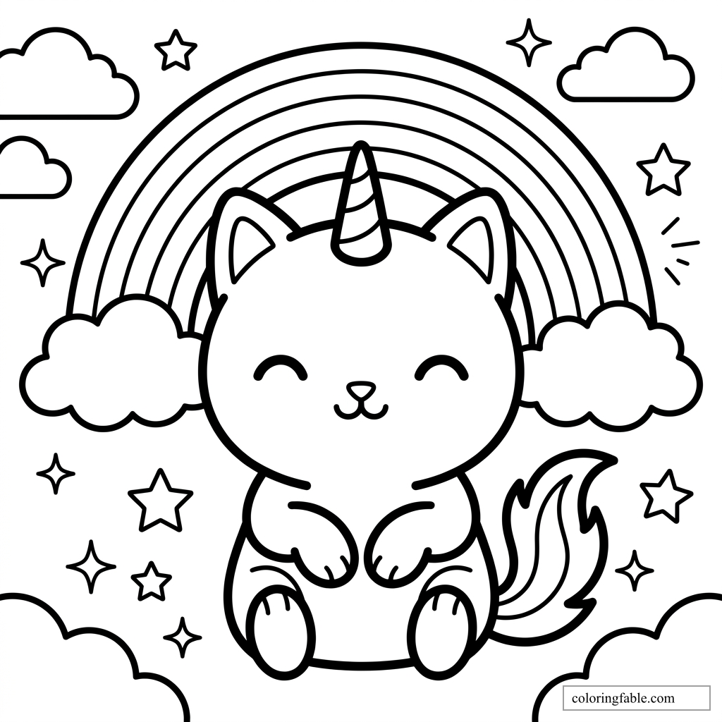 Kawaii caticorn cat with a striped horn sitting under a rainbow, clouds, stars, and sparkles.